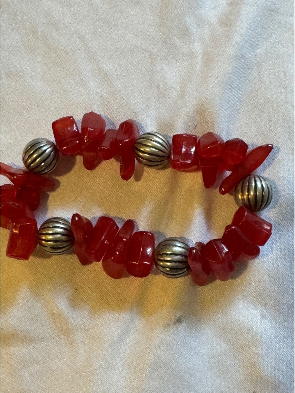 Vintage Red Coral Nugget & Fluted Silver Bead Elastic Bracelet